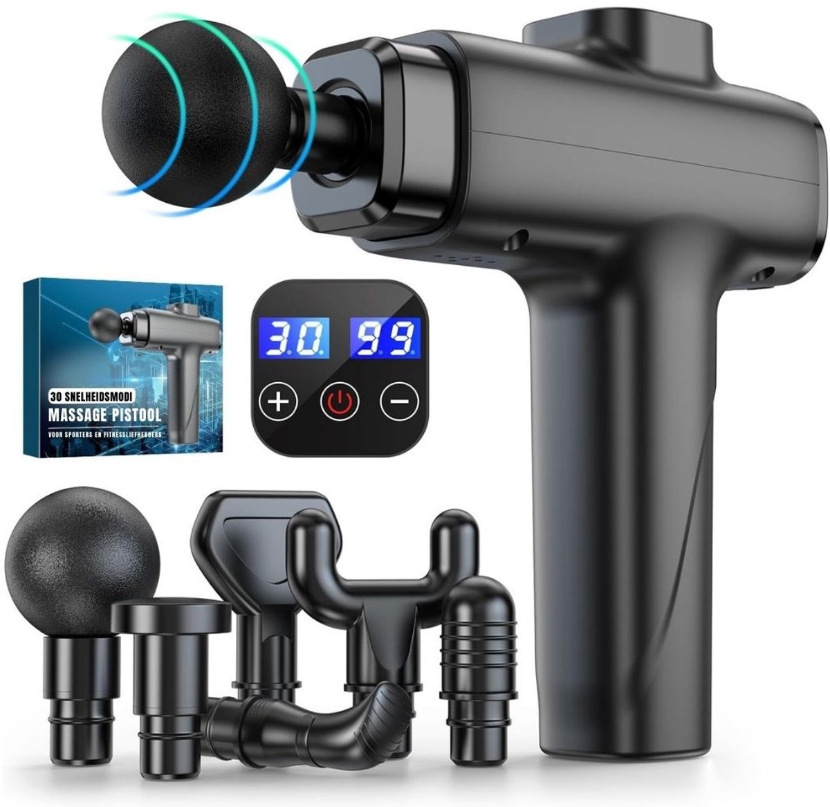 RWB® Massage Pistool - Massagepistool - Massage Gun - 30 Snelheden - 8 Massagekoppen - Zwart - 15cm x 10cm x 7cm