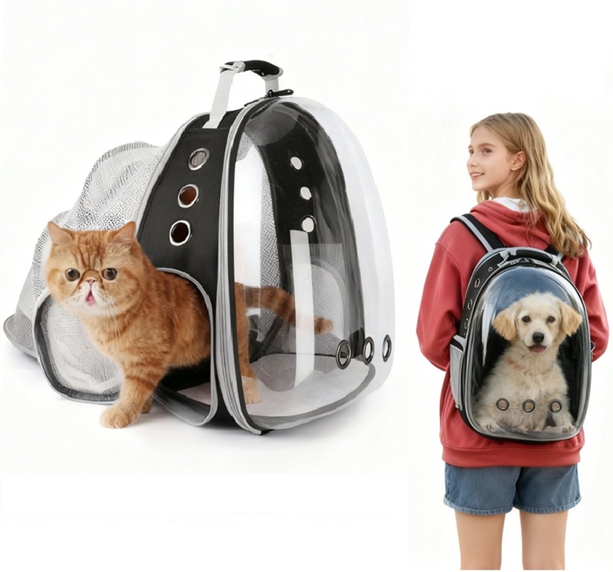 Transparante Kattenrugzak -Pet Carrier Rugzak met Uitbreiding – Katten & Kleine Honden – Transparant Bubble Venster – Opvouwbaar & Ademend – Reisrugzak voor Vliegtuig, Auto & Openbaar Vervoer