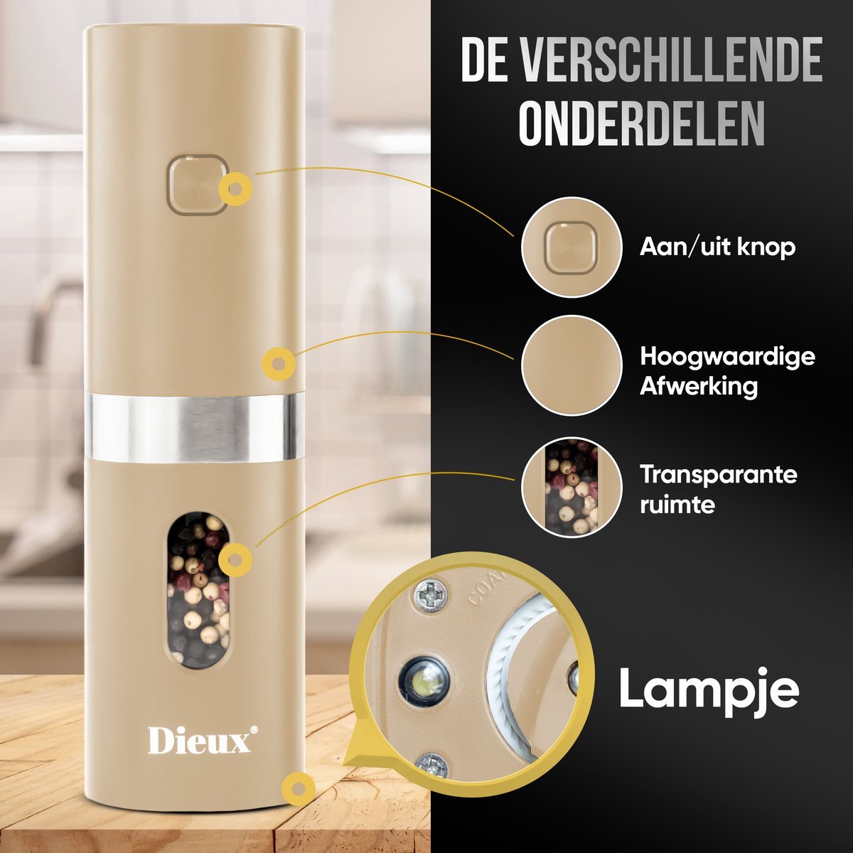 Dieux - Elektrisch Peper en Zoutmolen set - Beige - Pepermolen - Zoutmolen - 2 stuks - Instelbare maalgraad - Hervulbaar - Barbecue - BBQ accesoires - Luxe kwaliteit - Kruidenmolen — cadeau in Kookcadeaus - foto 5