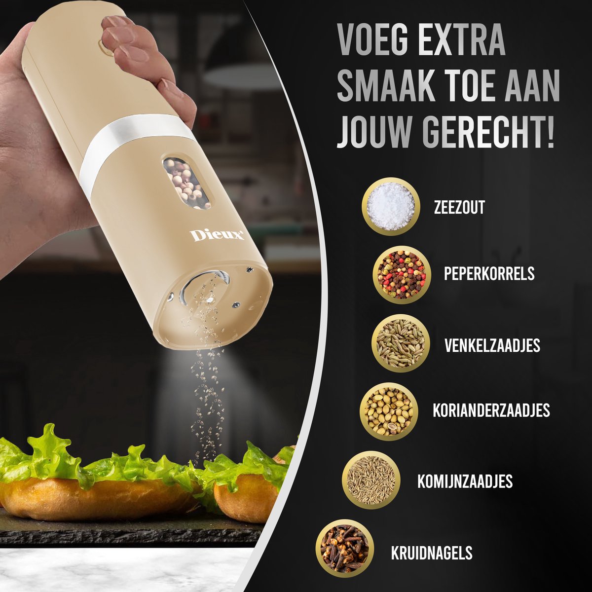 Dieux - Elektrisch Peper en Zoutmolen set - Beige - Pepermolen - Zoutmolen - 2 stuks - Instelbare maalgraad - Hervulbaar - Barbecue - BBQ accesoires - Luxe kwaliteit - Kruidenmolen — cadeau in Kookcadeaus - foto 2