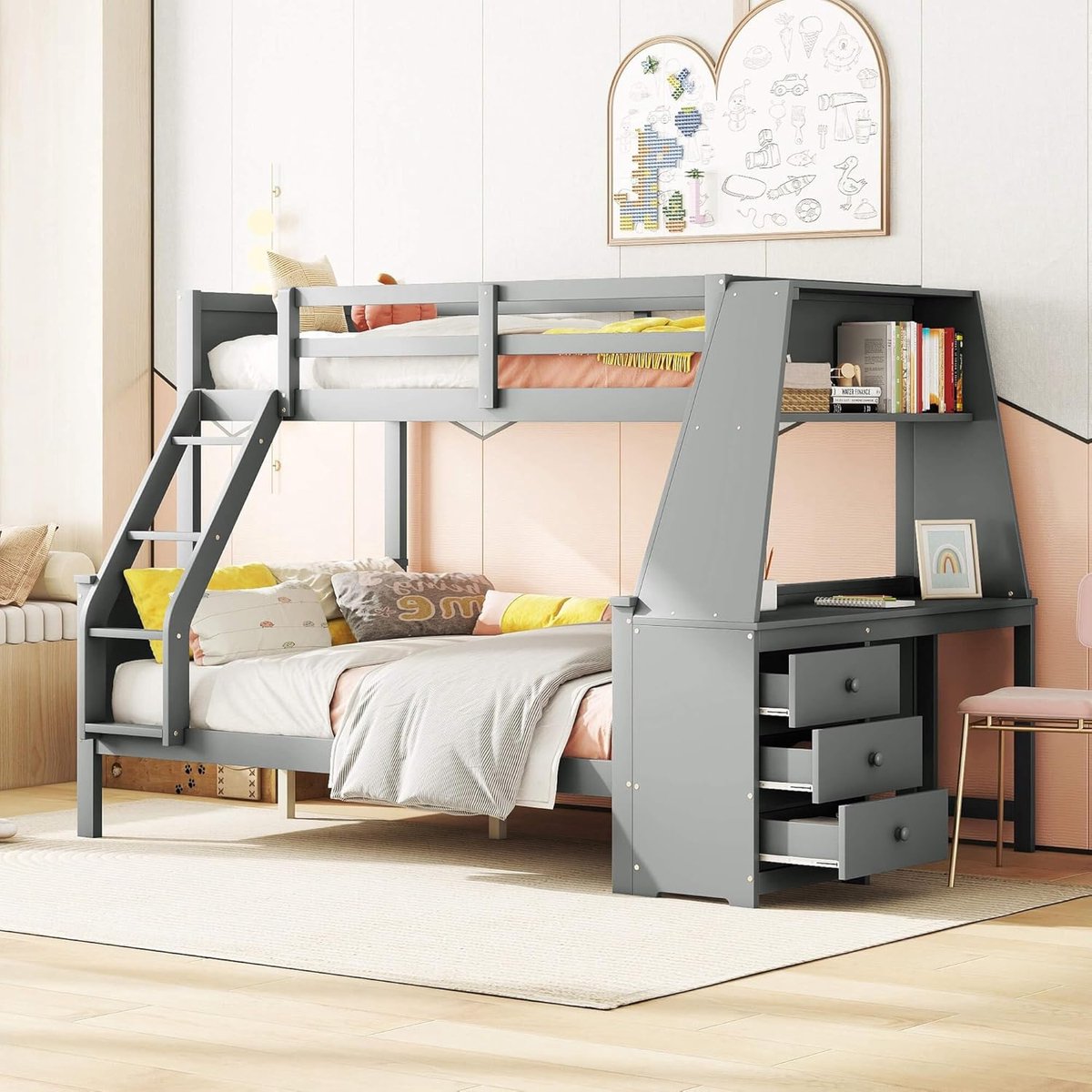 Stapelbed Kinderkamer 90x200 & 140x200 cm – Medahomestore Multifunctioneel Bed met Bureau, 3 Laden, Boekenkast, Lattenbodem en Valbeveiliging – Ruimtebesparend, Modern Design, Kinderbed voor Twee Personen, Zonder Matras, Grijs