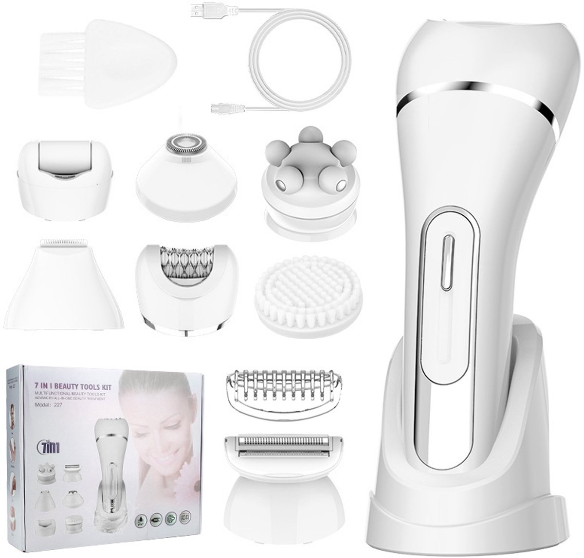 Epilator voor vrouwen - 7-in-1 epilator voor vrouwen - Lichaamsscheerapparaat - Bikinilijntrimmer - Gezichtsscheerapparaat - Eeltverwijderaar voor voeten - IPX7 waterdicht elektrisch scheerapparaat - Ideaal cadeau voor vrouwen - Wit