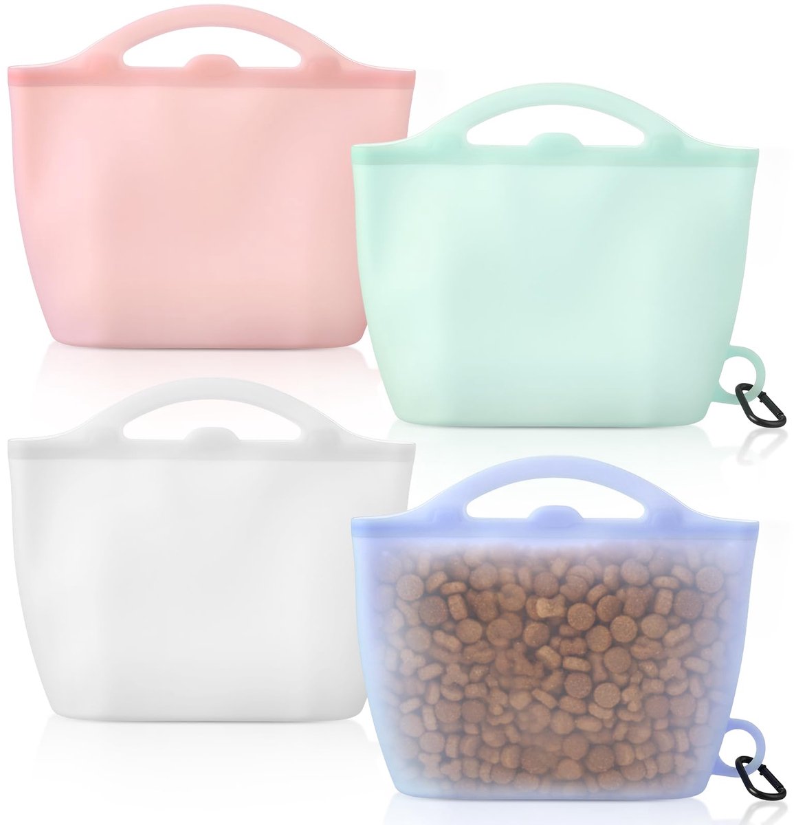 4-pack siliconen hondensnoepjeszakje met clip, draagbaar trainingszakje voor huisdieren, herbruikbare vaatwasserbestendige voerzak voor honden en katten (wit, blauw, groen, roze-Geen haken inbegrepen!)