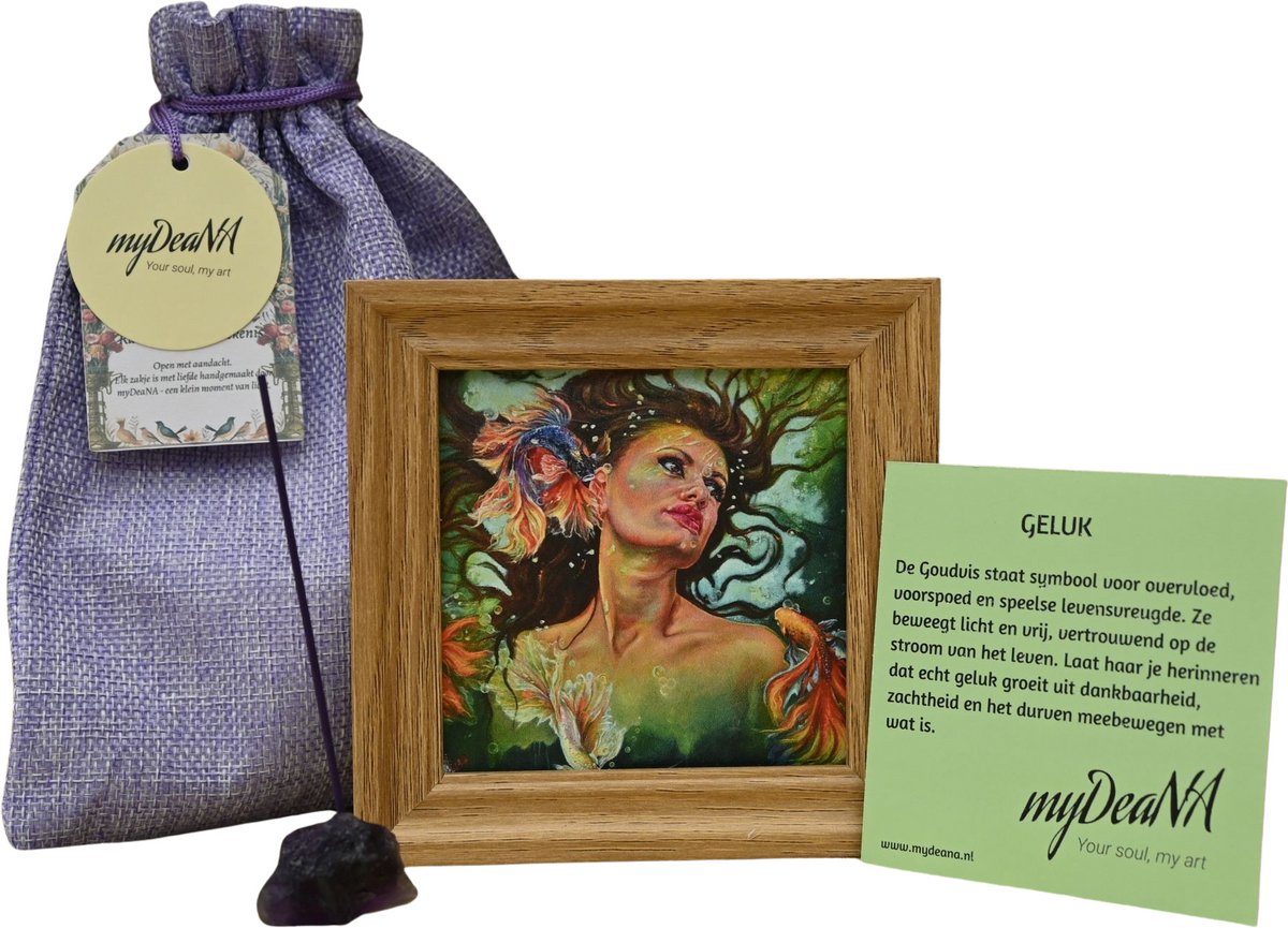 Zakje Geluk - Mini artprint Goudvis in lijstje, amethist wierookhouder & wierook - spiritueel geschenk - cadeau vrouw - myDeaNA