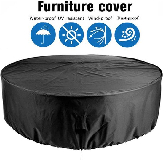 Zwarte ronde hoes voor meubels met iconen voor waterdicht, UV-bestendig, winddicht en stofdicht.