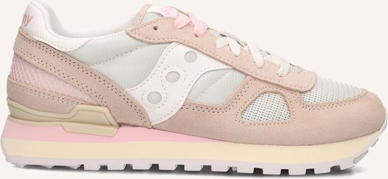 Lichtroze en beige suède en mesh Saucony Shadow Original sneakers met witte veters en roze accenten.