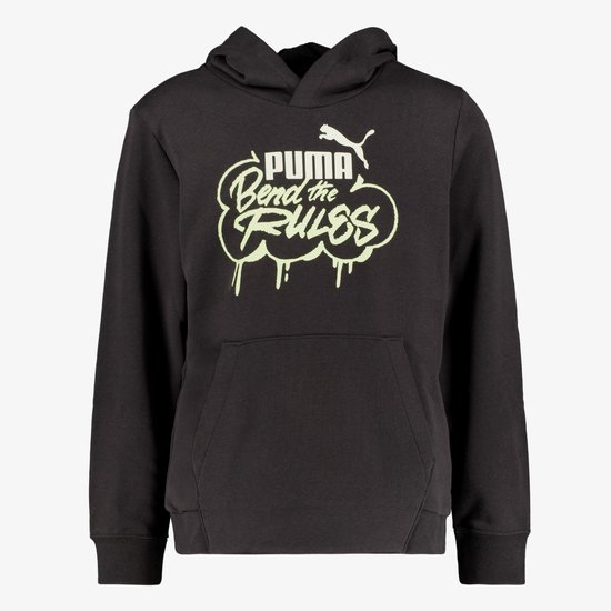 Zwarte hoodie met neongele opdruk.