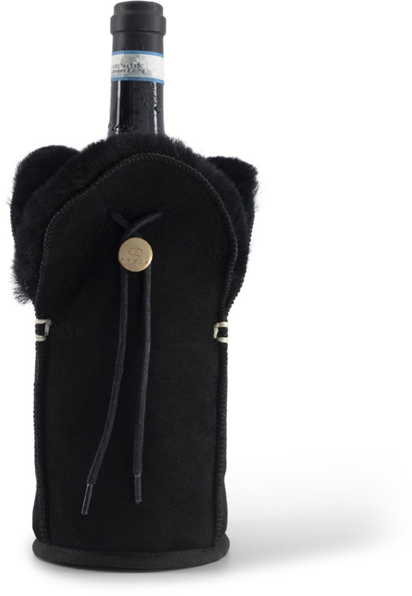 Kywie® champagnekoeler van schapenvacht – wijnkoeler - 100% natuurlijk – 0,75l – temperatuurbehoudend - geschikt voor champagne, wijn, bourgogne, waterflessen - Zwart suède