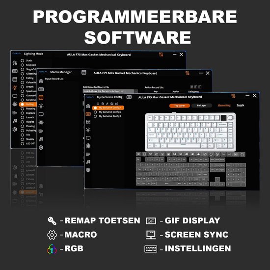 Software-interface voor het EPOMAKER x AULA F75 MAX toetsenbord, met opties voor macro's, RGB-verlichting en toetshermapping.
