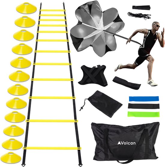 Volcan Voetbal Trainingsmateriaal - Training Spullen - Pionnen - Trainingshoedjes - Speedladder - Kegels - Weerstandsbanden - Weerstandsparachute - Baltrainer - Incl. draagtas