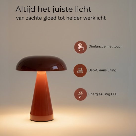 Rode OMNIEXA tafellamp met dimfunctie, USB-C aansluiting en energiezuinig LED-licht.