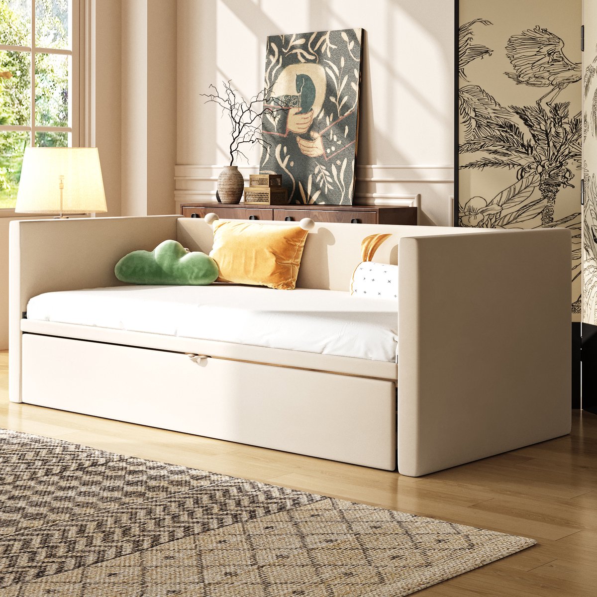 Slaapbank 90/180x200cm - met uitschuifbaar bed - met lattenbodem - gestoffeerd bed - beige - zonder matras