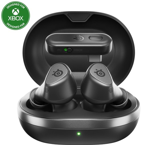 Arctis GameBuds X — Zwart — Quick-Switch 2.4-GHz + Bluetooth 5.3 — Actieve Noisecancellation — Mobiele app met audiopresets — Waterbestendig IP55 — 40 uur accuduur met Qi-oplaadcase — XBOX, PC & PS5