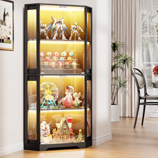 BPKADHY Glazen vitrine met ledverlichting, staande vitrine met 4 glazen planken en 2 glazen deuren afsluitbaar, vitrinekast voor woonkamer, kantoor, verzamelstukken, boeken, wijn, zwart