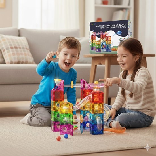 Twee lachende kinderen spelen met een kleurrijke magnetische knikkerbaan met doorzichtige buizen en ballen.