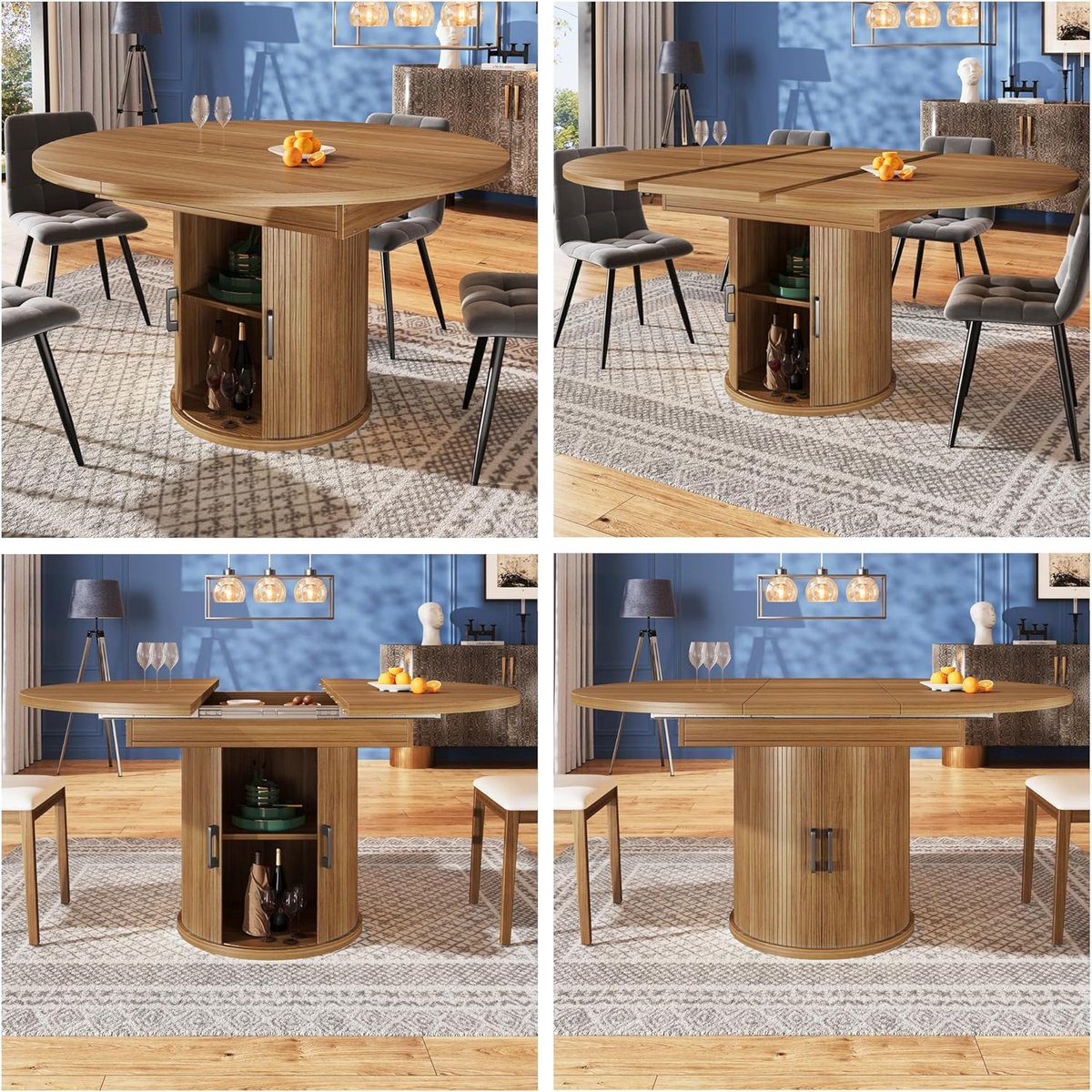 Uitschuifbare Ronde Eettafel met Opbergkast 118/158x118x76,7 cm – Moderne Houten Keukentafel met Cilindrische Poten, Extra Opbergruimte en Uittrekbaar Tafelblad voor 4–6 Personen, Kleur Walnoot – Novihome