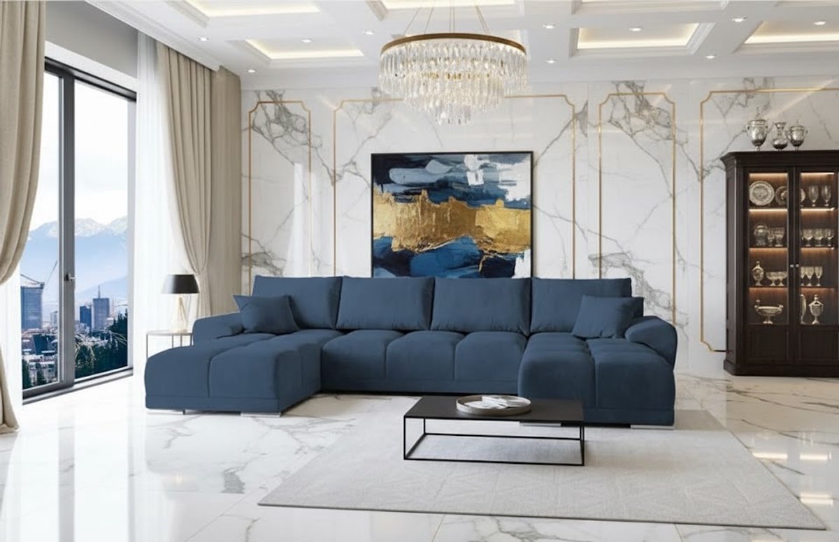 Hoekbank U-vorm Fluweel met Slaapfunctie en Opbergruimte – Luxe Uittrekbare Slaapbank 365x189 cm – Comfortabele Fluwelen Bank met Kussens – Marineblauw – Novihome