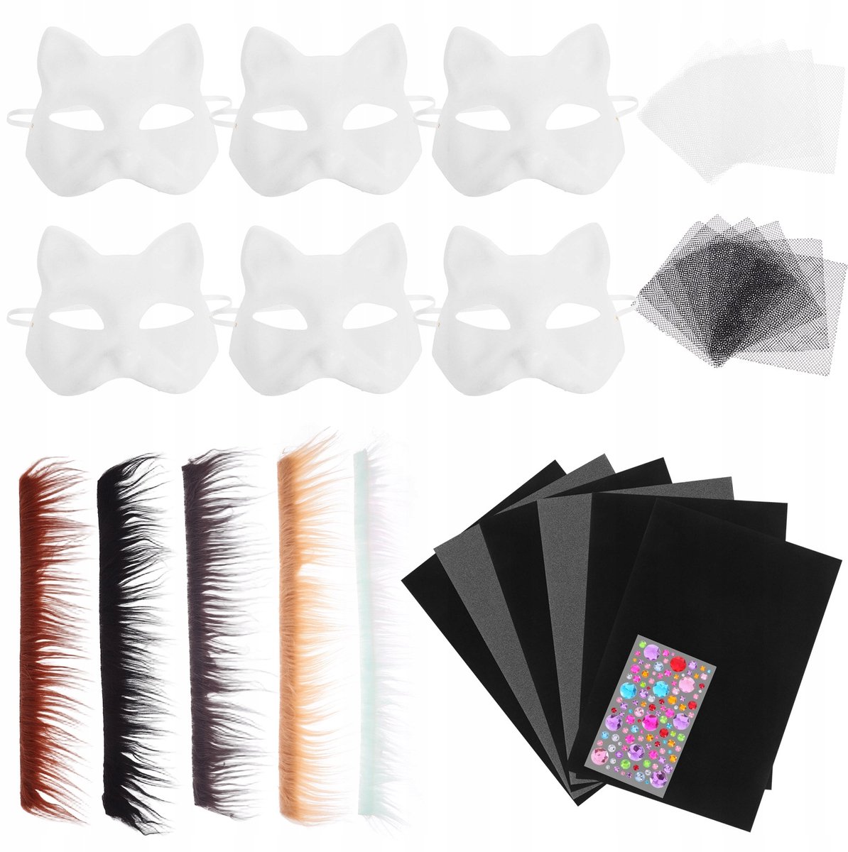 6 Stuks Katten Gezichtsmaskers - Halve Maskers voor DIY Schilderen en Decoreren - Wit Onbeschilderd