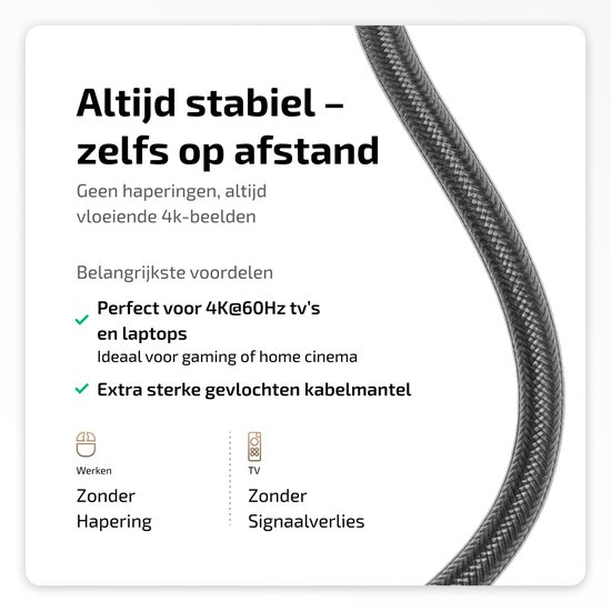 Gevlochten HDMI kabel voor stabiele 4K beelden, perfect voor tv's en laptops.