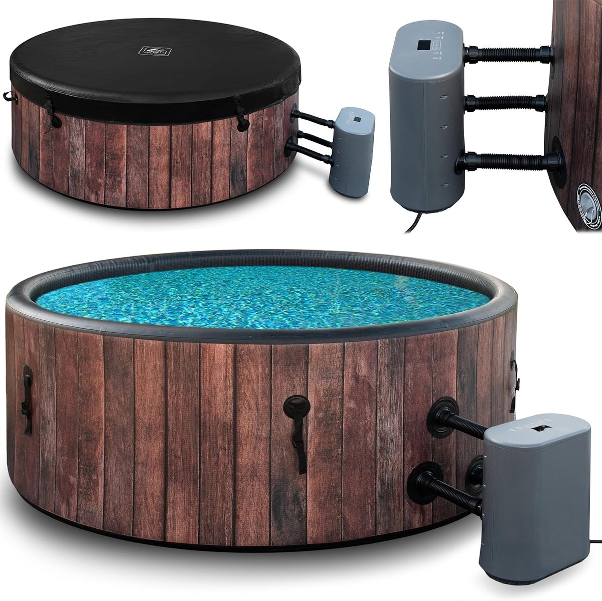 Luxe Opblaasbare Jacuzzi Houten Look – 6 Persoons Spa met 138 Luchtjets, Verwarming tot 40°C, DWF Materiaal, Snel Opblaasbaar & Weerbestendig