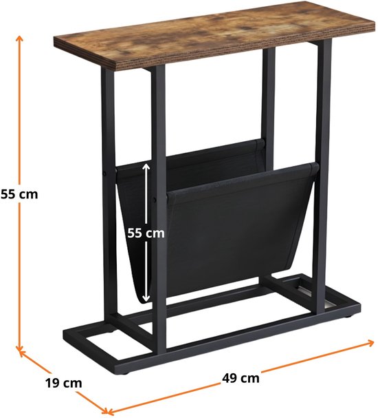 Afmetingen bijzettafel: H 55cm, B 49cm, D 19cm. Zwart frame, houtkleurig blad.