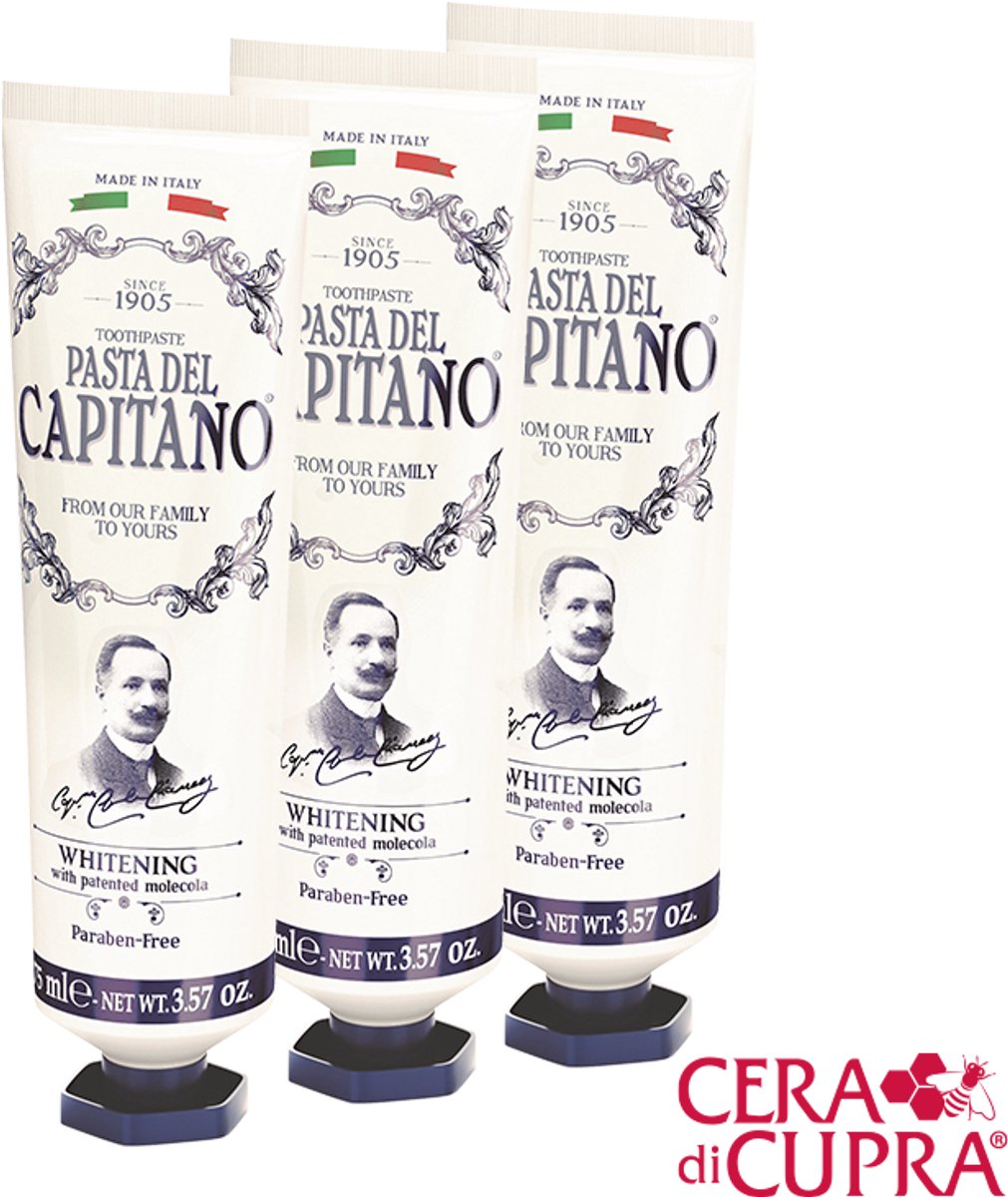 Pasta del Capitano Whitening: 3 tubes inclusief spatel € 8,95 p.st.: unieke tandpasta met Eureco HC® voor stralend witte tanden, antibacterieel (tube 75ml).