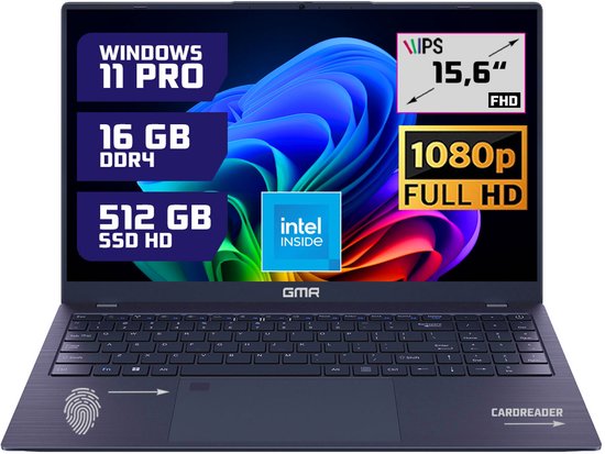 GMR - Ultrasnelle 15.6" Laptop - Stijlvol Design - Intel N95 - 16GB Werkgeheugen - 512GB Opslag - Windows 11 Pro