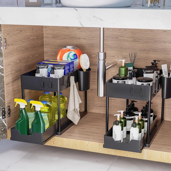 Keuken Organisers Met 2 Lades - Opbergers Onder De Gootsteen Roestvrij Staal Badkamer Organiser 2 Niveaus Kruidenrek Grote Capaciteit Zwart Klaslokaal Inrichting