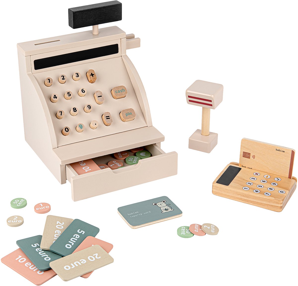 Babiem® Coco - Speelgoed Kassa - 42-Delige Set - Incl. Scanner, Pasjes en Geld - Montessori Speelgoed - 18 x 18 x 23 cm - FSC Hout