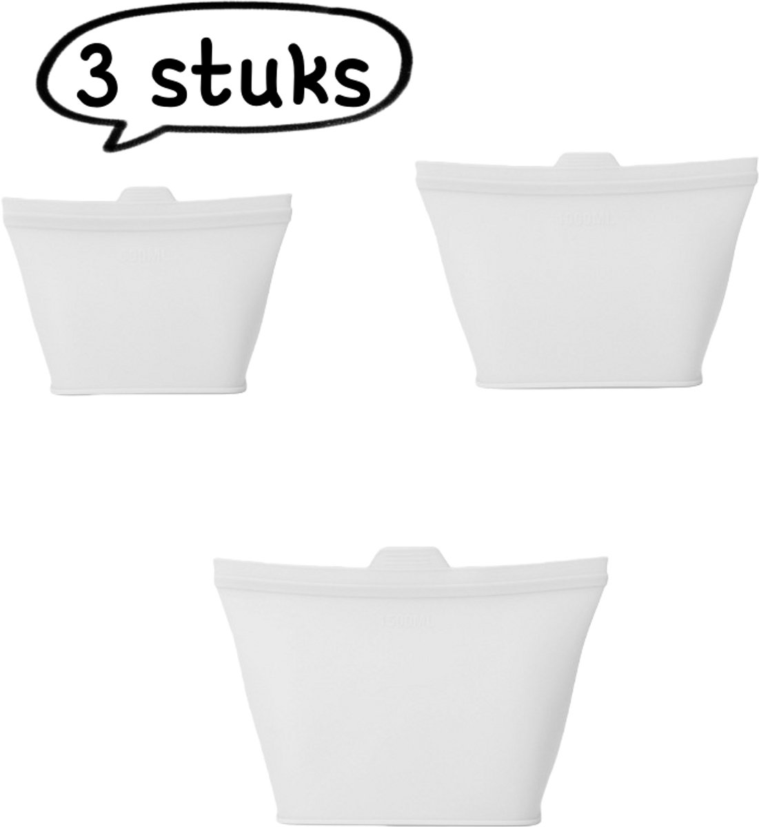 3-delige voedselbewaarzakken - Siliconen voedselbewaarzakken van voedingskwaliteit - Koelkastbewaarzakken voor in de keuken, semi-transparante koeltassen - Wit