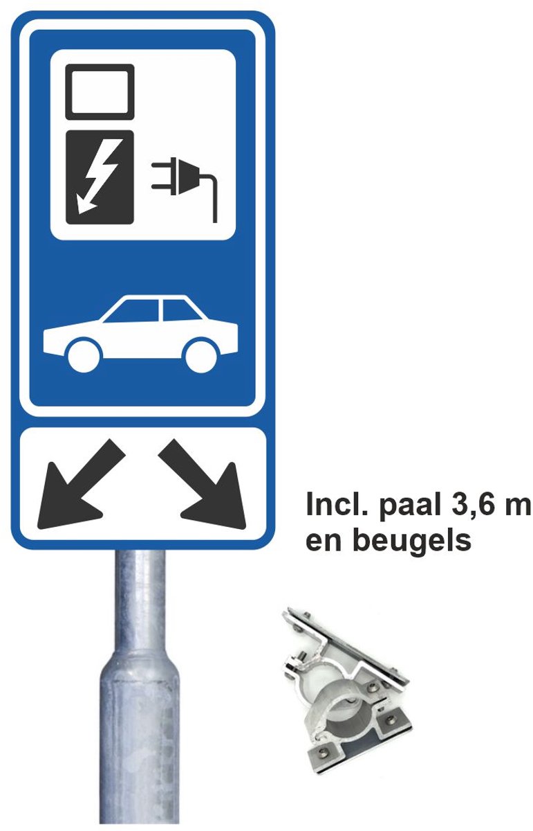 Verkeersbord Laadpaal bord - Laadplaats bord elektrische auto 40x80 cm reflecterend + paal 3,6 meter en beugels - elektrisch laden bord