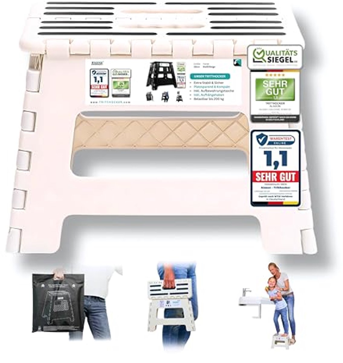 Ruimtebesparende Inklapbare Kruk - Opstapje tot 150 kg - Wit/Beige