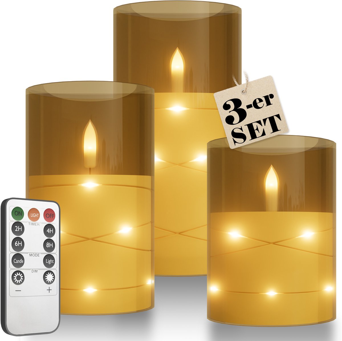 Set van 3 LED-kaarsen met lichtsnoer Vlamloze kaarsen met afstandsbediening Stompkaarsen met timerfunctie Elektrische kaarsen Flikkerende vlam voor tafeldecoratie Badkamerdecoratie Woonkamerdecoratie - Goud