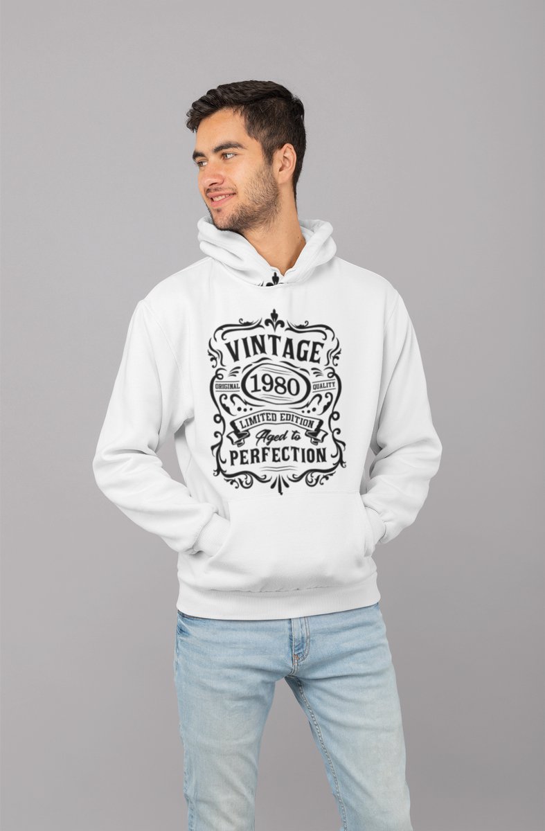 1980 Jaar Wit Hodie - Maat M - Vintage Aged To Perfection - Verjaardagscadeau - Limited Edition