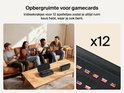 Vier mensen spelen Nintendo Switch. Een open hoes met 12 spelcartridges en een close-up van de cartridges.