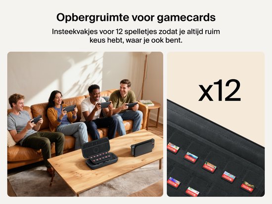 Vier mensen spelen Nintendo Switch. Een open hoes met 12 spelcartridges en een close-up van de cartridges.