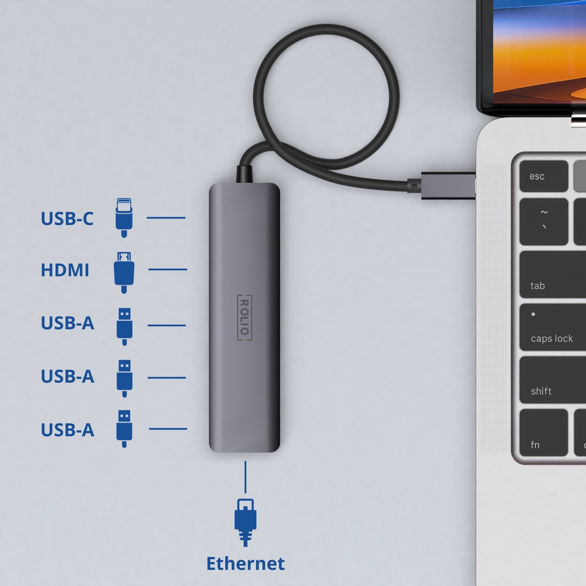 USB-C Hub 6-in-1 met HDMI 4K, Ethernet 1Gbps, USB-C laadpoort 100W, 3x USB 3.0 – Rolio, universeel voor MacBook, Windows - Afbeelding 2