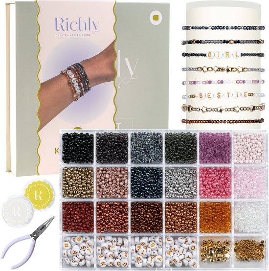 RICHLY Kralen set Luxe - Sieraden Maken meisjes - Armbandjes maken meisjes - incl. Instructieboekje- Bruin, Goud & Herfstkleuren - Met Letterkralen, Gouden Spacer Beads - Kralendoos - Kralenketting - Sieraden maken meisjes - Glaskralen