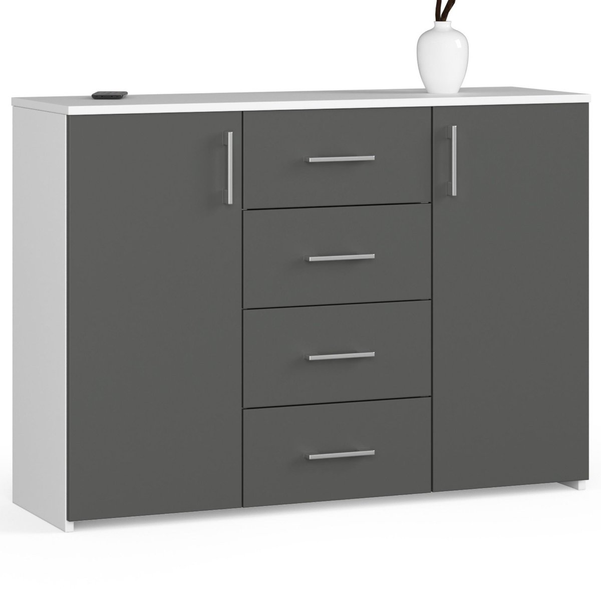 Ladekast K45 met 4 Lades en 2 Deuren / AKORD Furniture Factory / Wit - Grafietgrijs / 110 x 80 x 35 cm