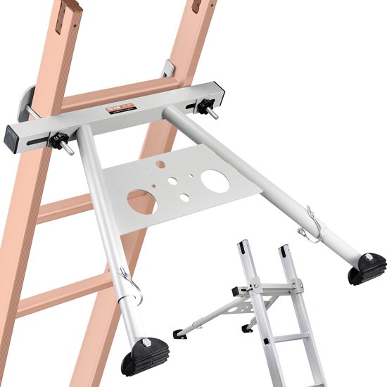 Gedetailleerde close-up van de VEVOR ladder stabilisator op een roze ladder, met een kleinere stabilisator ernaast.