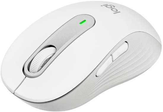 Witte Logitech M650 muis met grijze zijkanten en een scrollwiel.