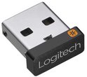 Compacte Logitech Unifying USB-ontvanger met zwarte behuizing en oranje ster-logo.