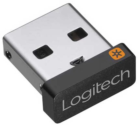Compacte Logitech Unifying USB-ontvanger met zwarte behuizing en oranje ster-logo.