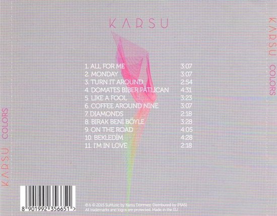 Achterkant van de cd-hoes van Karsu Colors met tracklist.