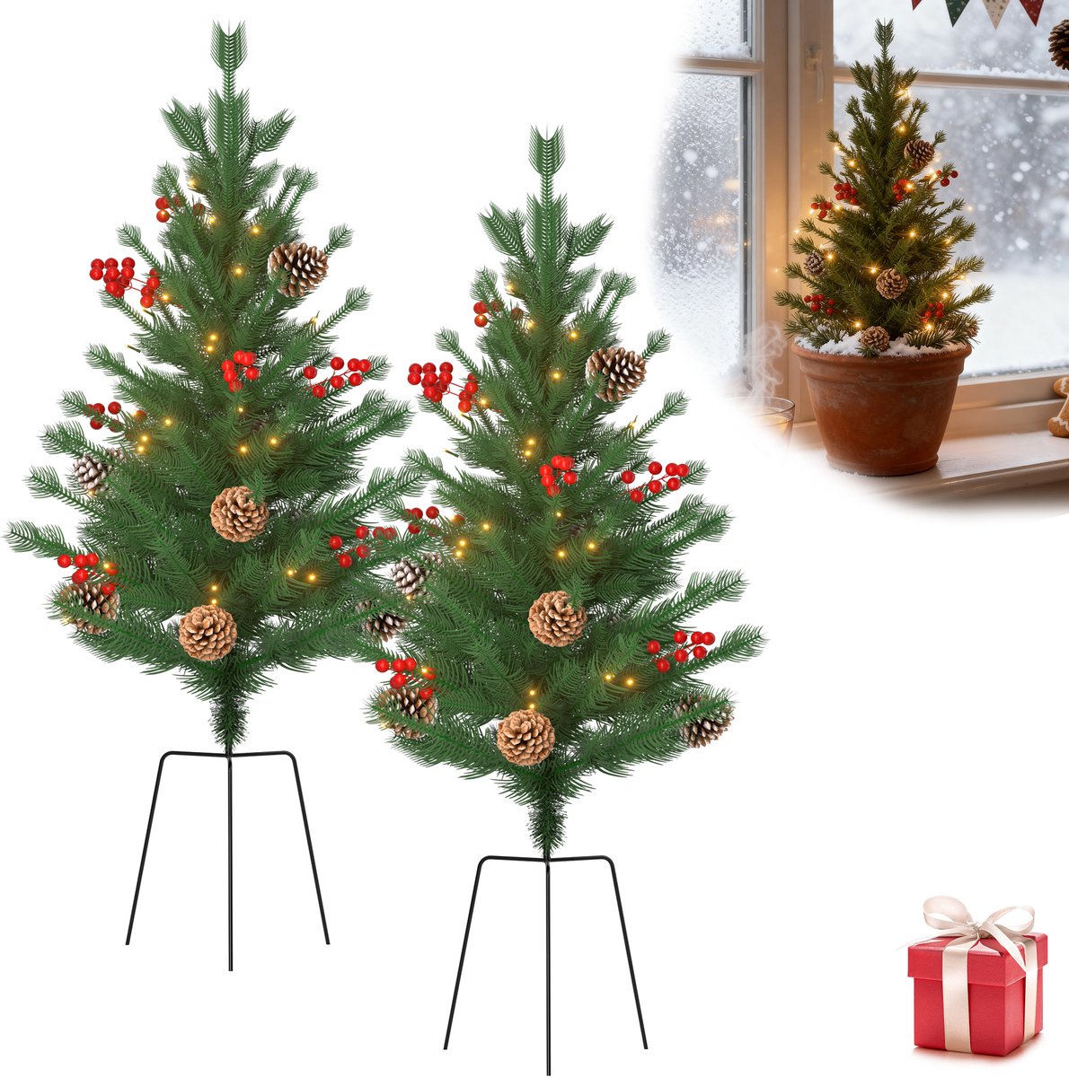 2 STÜCK 76CM WEIHNACHTSBAUM MIT PFOSTENTRÄGER KÜNSTLICHER ERDSTECKER TANNENBAUM MIT BELEUCHTUNG WEIHNACHTSBAUM PE CHRISTBAUM MIT 30 WARMWEIß LED, KIEFERNZAPFEN UND ROTEN BEEREN FÜR WEIHNACHTEN