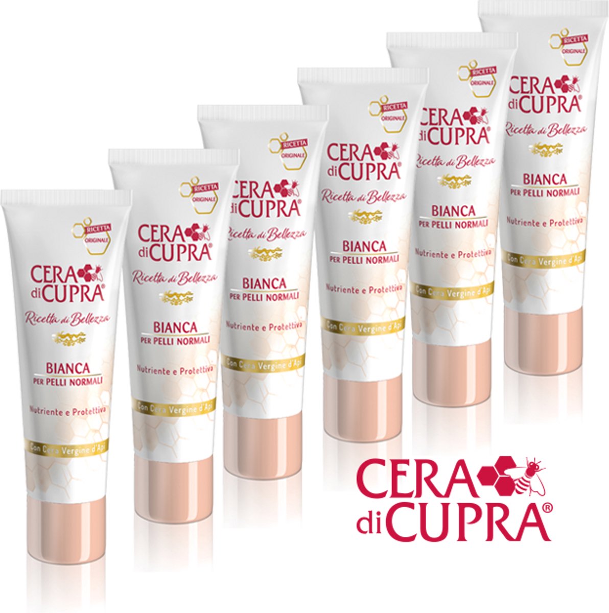 Cera di Cupra Bianca Crème - 6 tubes € 5,95: dé verzorgende anti-age dagcrème, met echte Cupra bijenwas, voor een perfecte, normale huid. Ook geschikt voor mannen, bijvoorbeeld i.p.v. after shave. Incl. spateltje