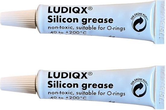 Twee tubes LUDIQX siliconenvet met witte dop. Tekst: LUDIQX Silicon grease non-toxic, suitable for O-rings -40 to +200°C.