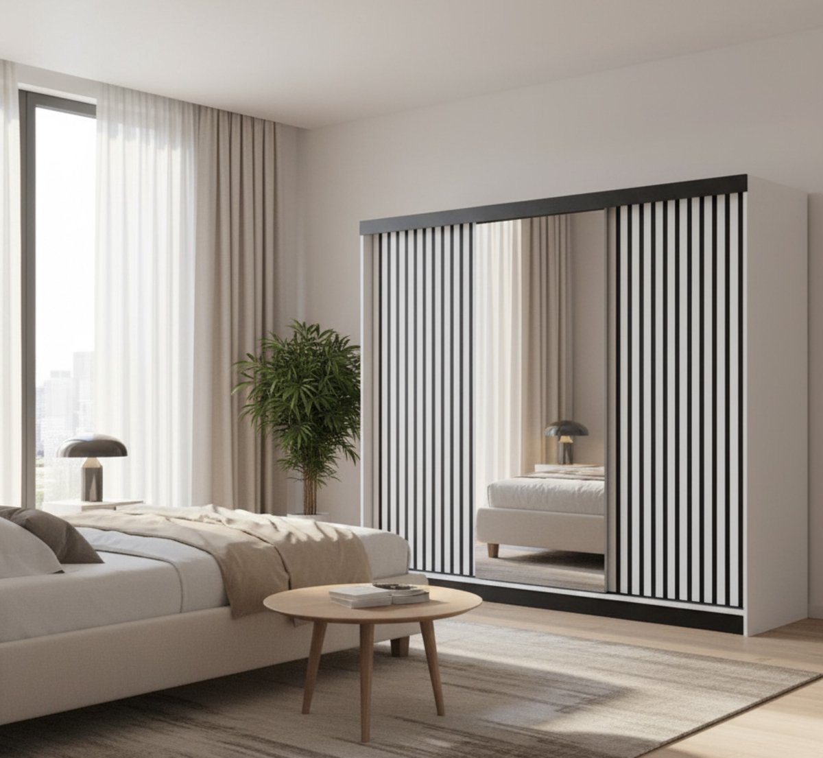 Schuifdeurkast met Spiegel 200x205x59 cm – Moderne Garderobekast met Grote Opbergruimte, Hanggedeelte en Planken – Wit – Novihome