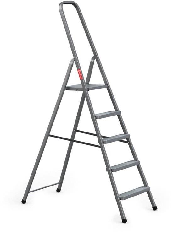 Grijze metalen huishoudtrap met 5 treden en platform.