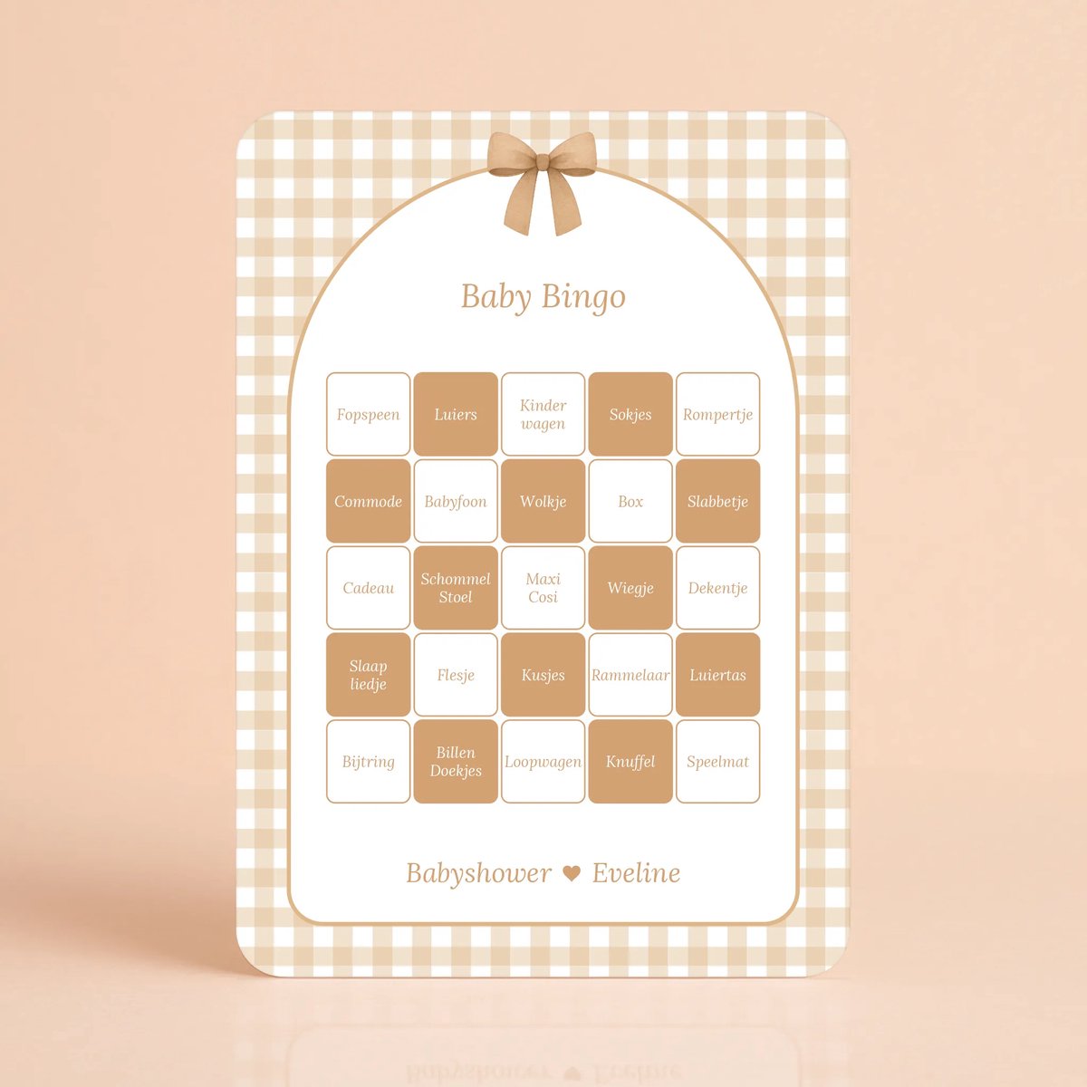 Gepersonaliseerde Gender Reveal & Babyshower invulkaarten – Baby Bingo – Gingham Bruin - 20 Stuks - Babyshower Cadeau - Babyshower Spelletjes